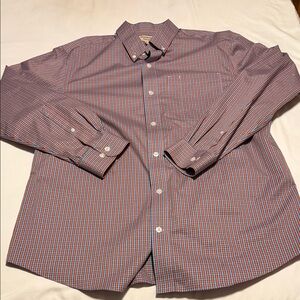 Duluth Trading Co Wrinkle Fighter Orange and Blue Plaid Button Down Shirt